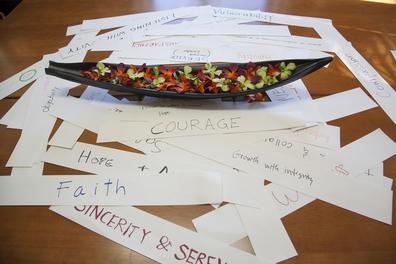 pieces of paper with positive words on them scattered on table