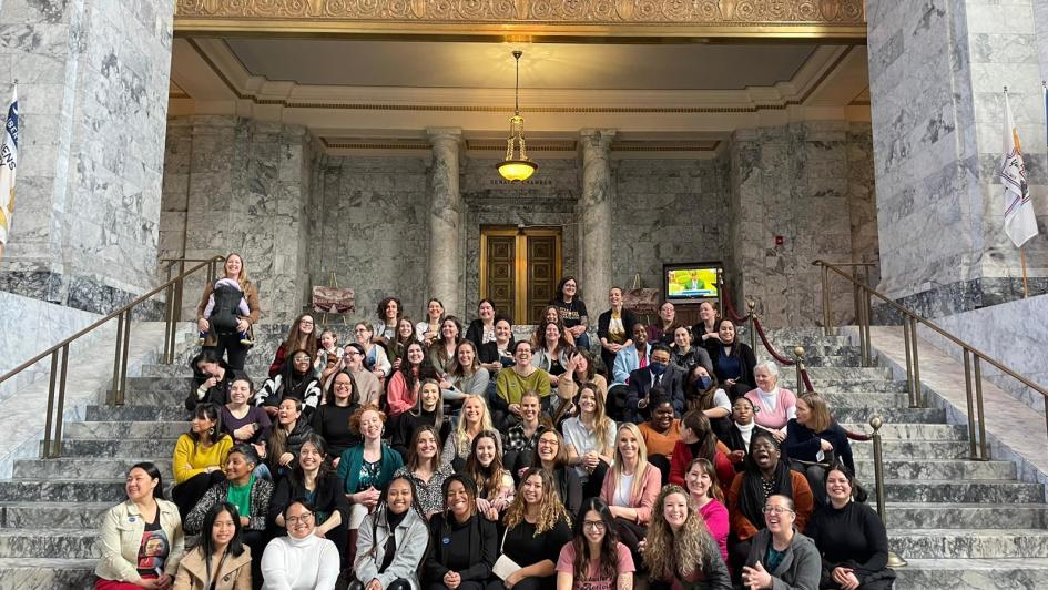 group of students on step of Washington State Capital