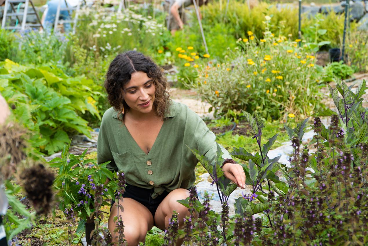 student working in Bastyr garden